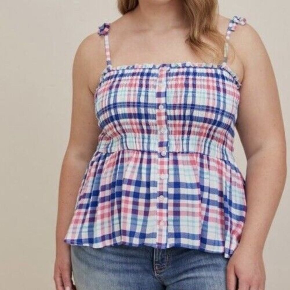 Torrid Peplum Smocked Bodice Cami Crinkle Gauze Plaid Top